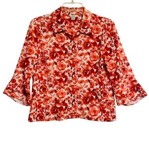 Christopher & Banks Button Up Blouse, 3/4 Sleeve, Red/White/Pink Floral, Size S